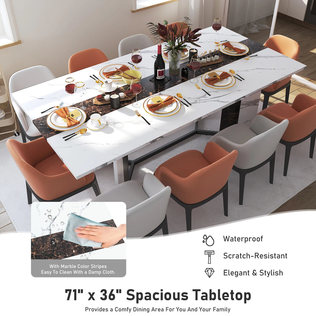 71IN Rectangular Table for 4-10 people, Marble Color Wood Tabletop, Metal Legs