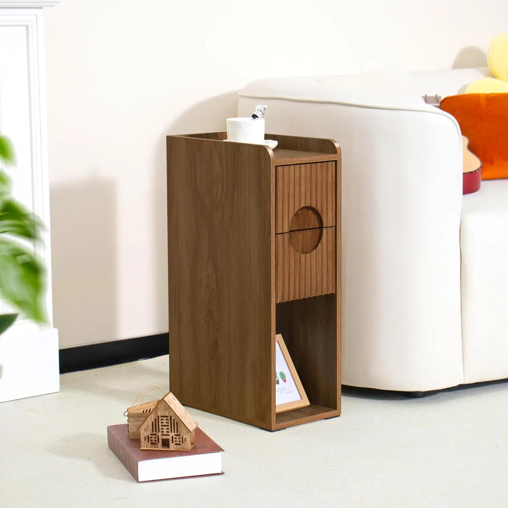 Narrow Fluted End Tables, Set of 2, Wooden 2 Drawers, Slim Nightstands