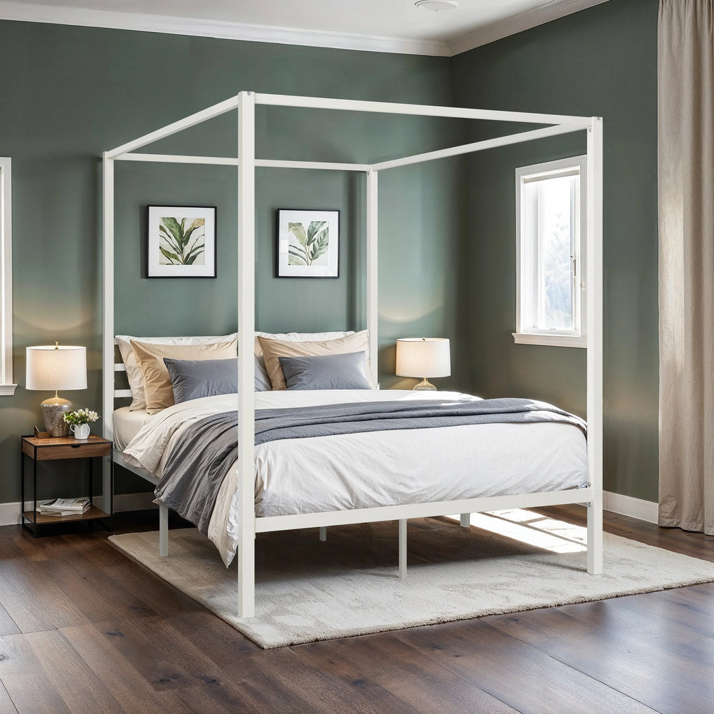 Canopy Bed Frame Enhanced 4-Poster 3-Metal Crossbar, No Box Spring Needed
