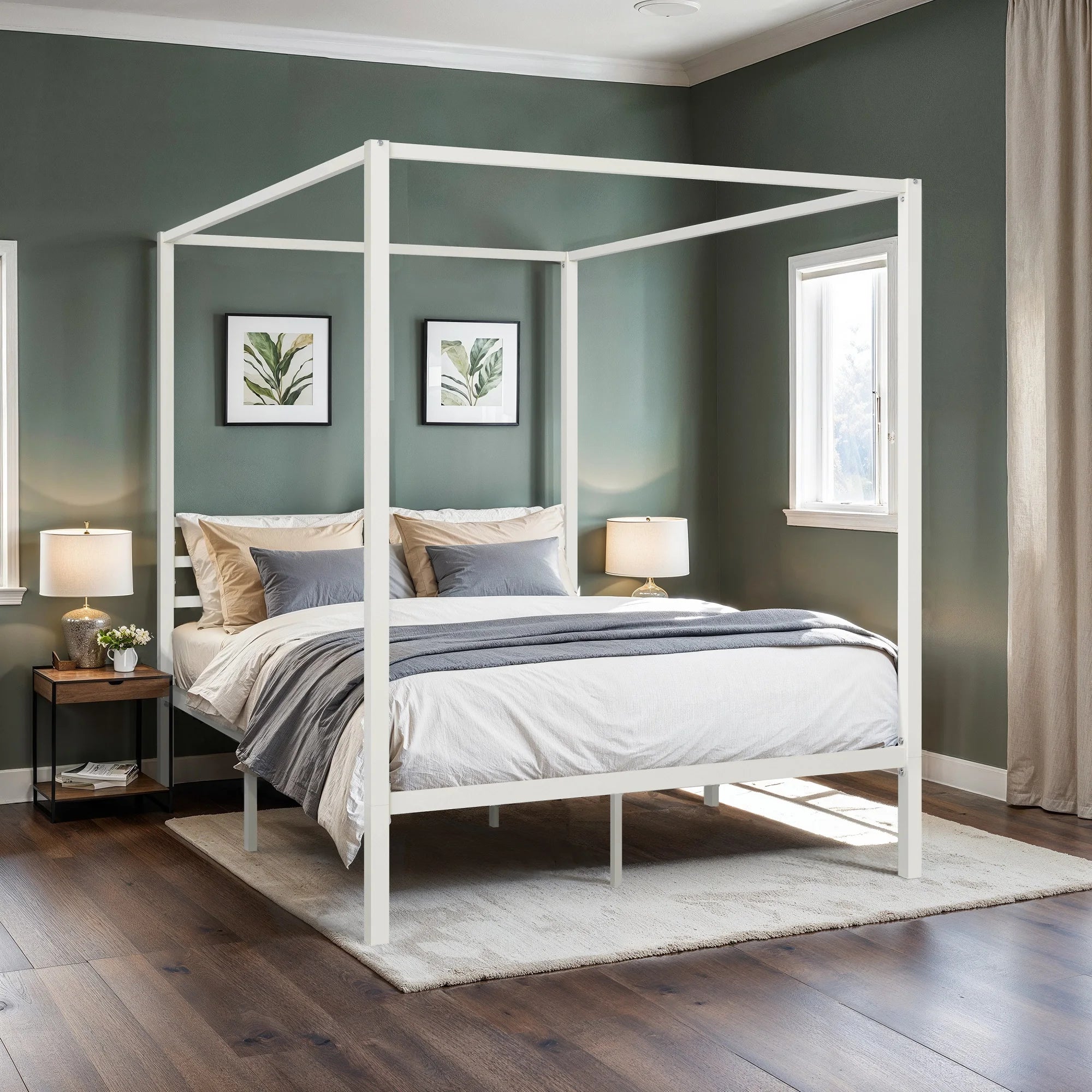Canopy Bed Frame Enhanced 4-Poster 3-Metal Crossbar, No Box Spring Needed
