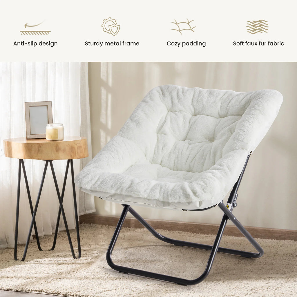 JHK 28IN Saucer Chair Padded Faux Fur Folding Metal Frame