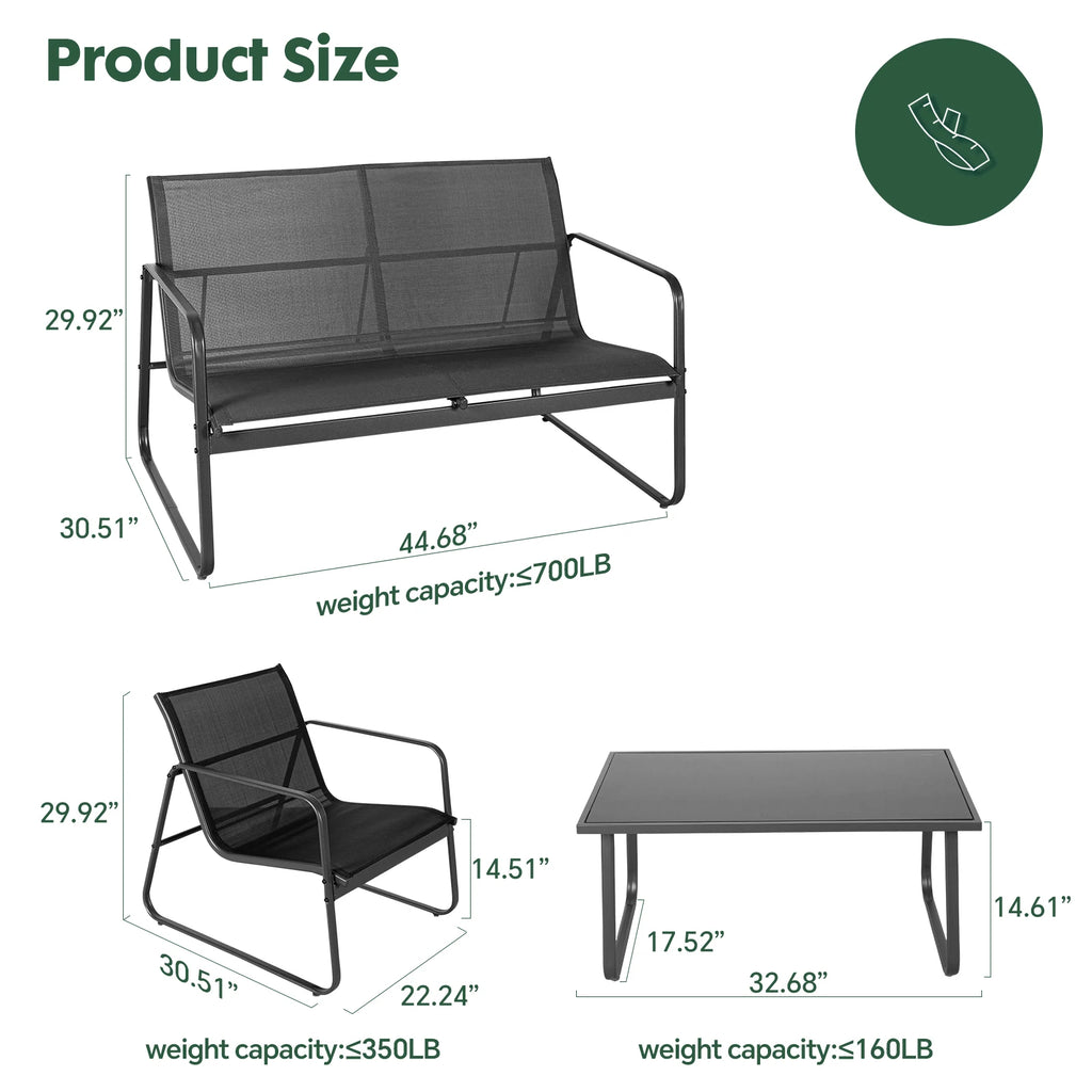 Patio 4-Piece Table Set, Metal Frame Lumbar Support, Mesh Backrest Sectional