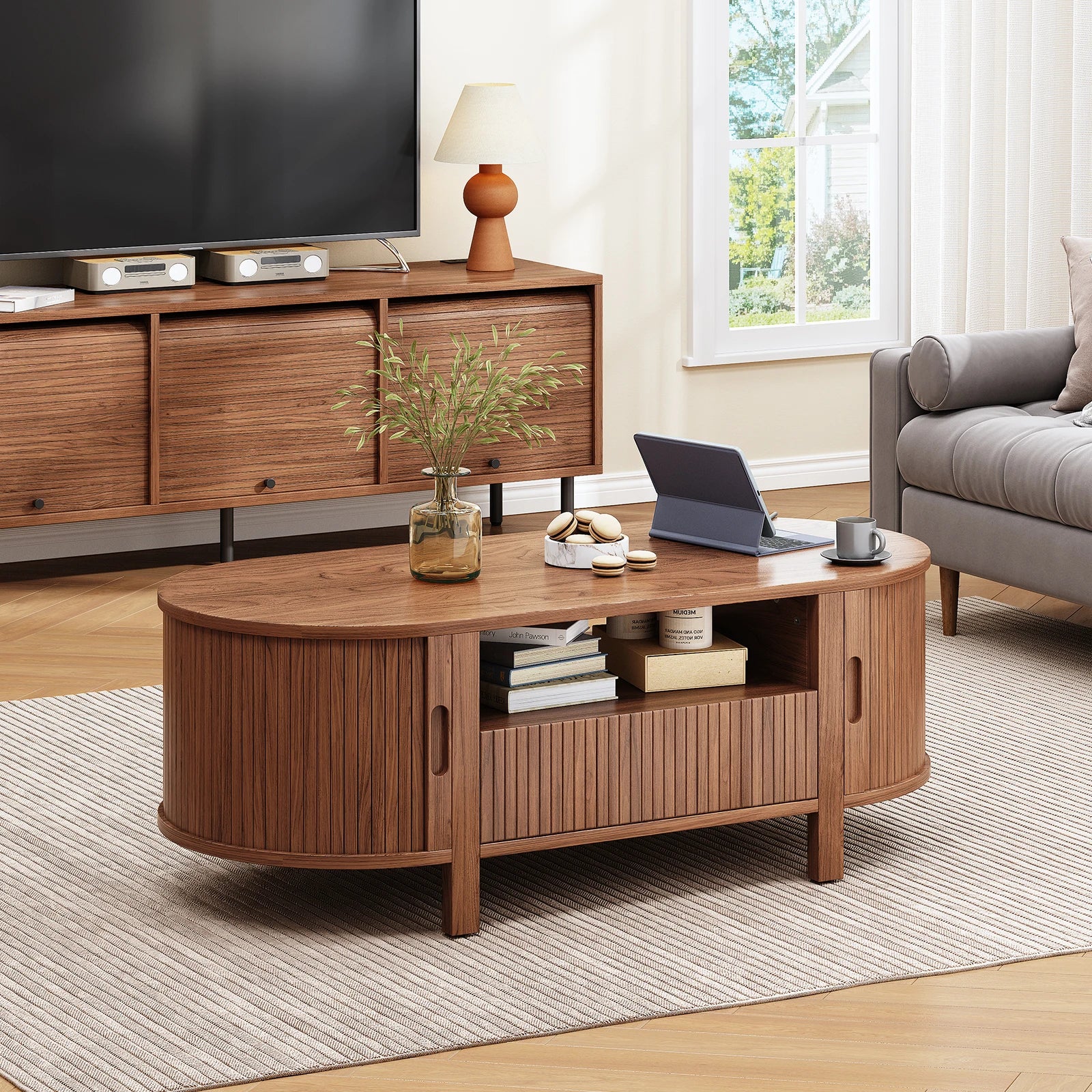 Oval Coffee Table, 47 Inch Fluted with Cabinets & Sliding Doors, Storage