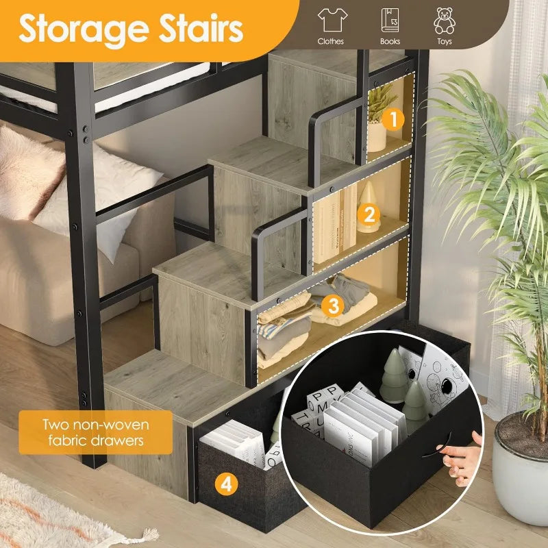 Twin Size Loft Bed w/Stairs, 53.5” Under-Space for Sofa and Desk