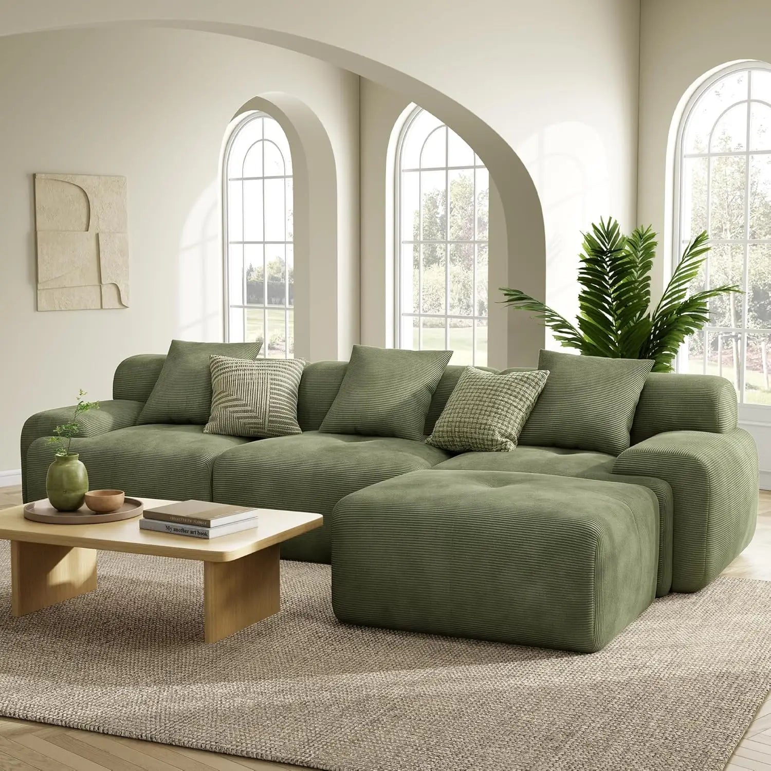 Sectional Sofa Ottoman 118"  L-Shaped Corduroy Deep Seat Oversized