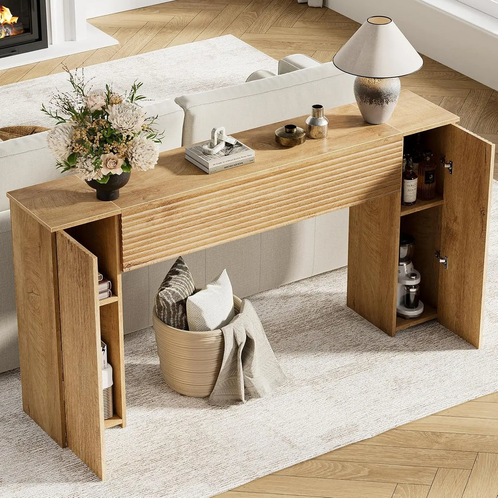 61'' Fluted Console Wooden Rectangular Table, 2 Hidden Storage