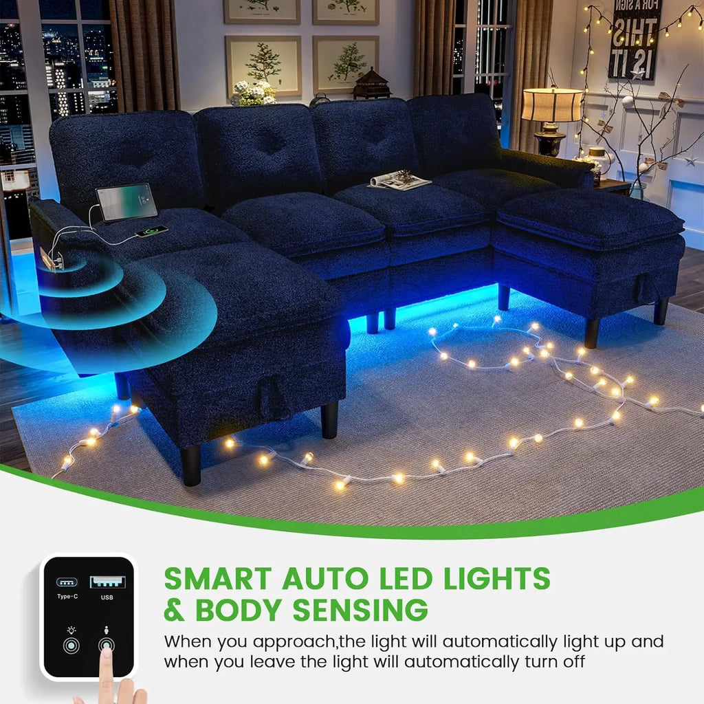 U/L Shaped 4-Seat Sectional Sofa USB Charging LED Storage Ottoman