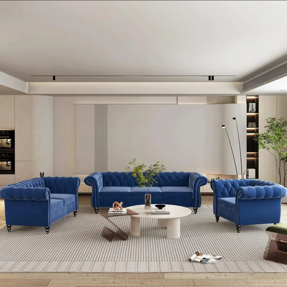 3-Piece Set, Velvet Chesterfield Sofa, Loveseat, Chair with Scroll Arms