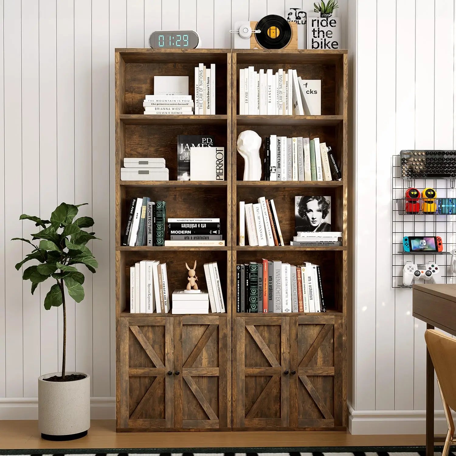 Set of 2, 71.5" 6-Tier Wooden Bookcase, Cabinet Doors,