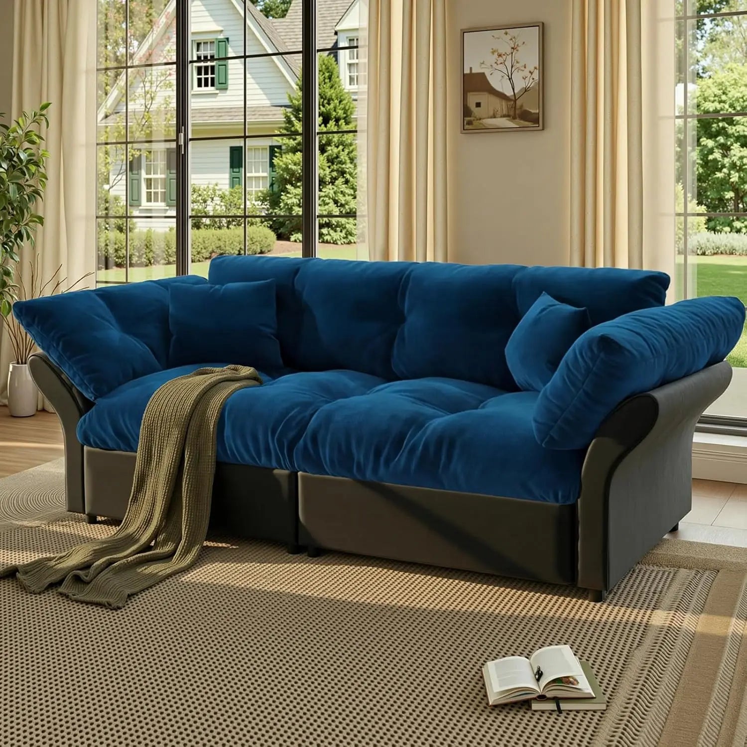 74.8" 3-in-1 Queen Velvet Convertible Pull-Out Sofa Bed, Pockets