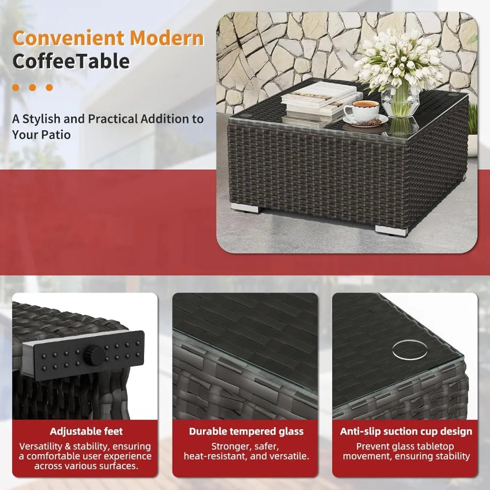 7-Piece Patio Sofa Black Rattan Wicker, Glass Top Table, Cushions