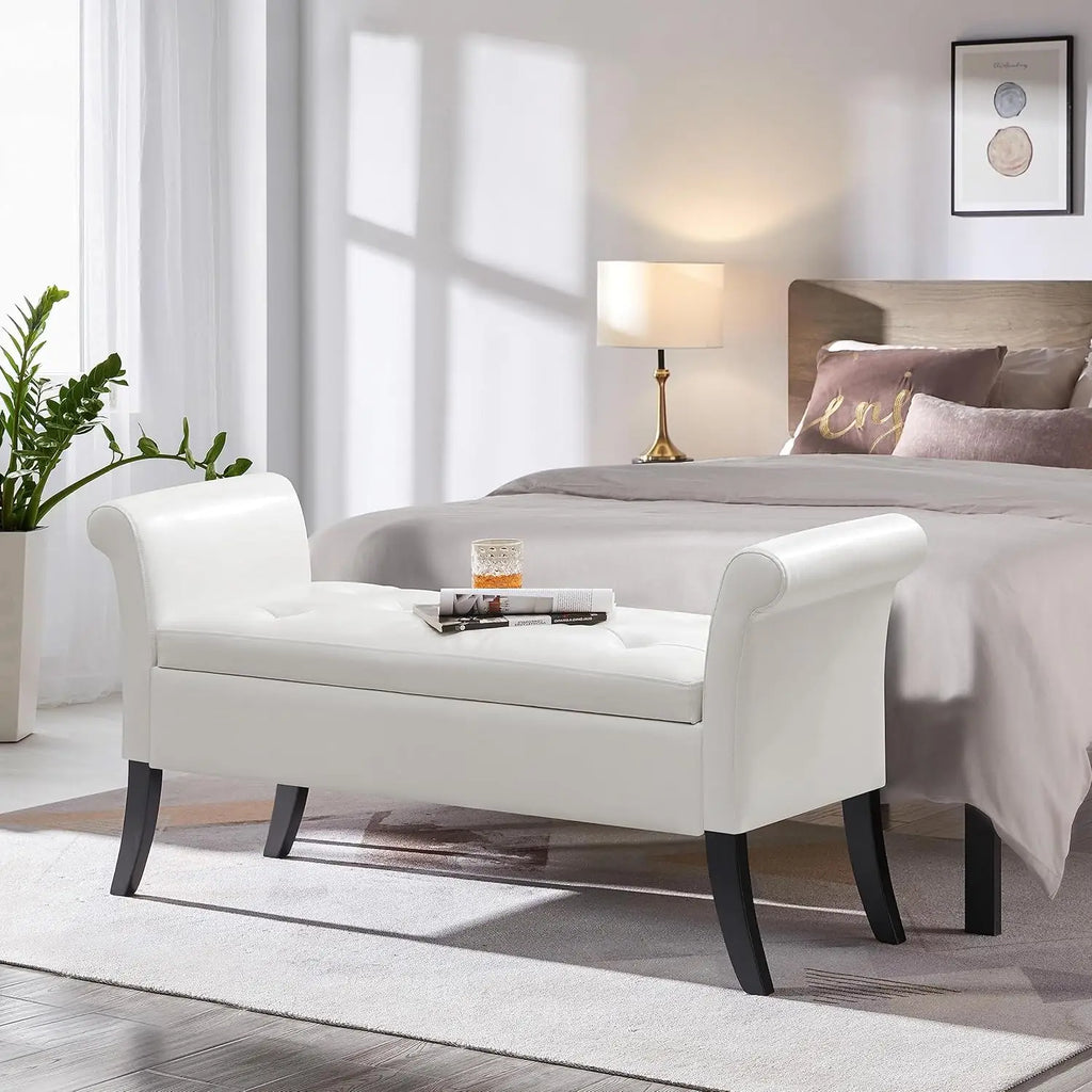 Storage Bench Leather Rolled Arms White