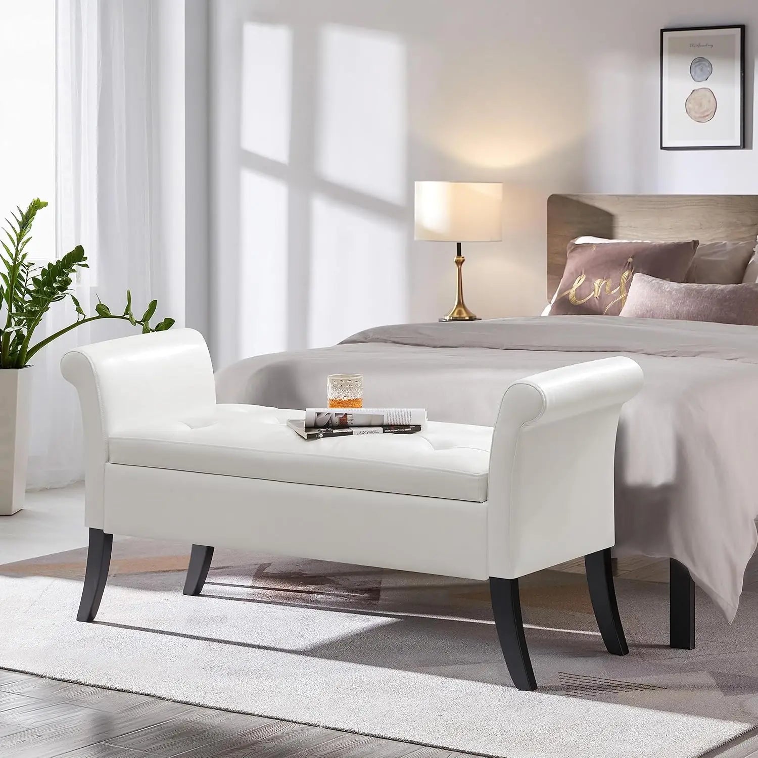 Storage Bench Leather Rolled Arms White