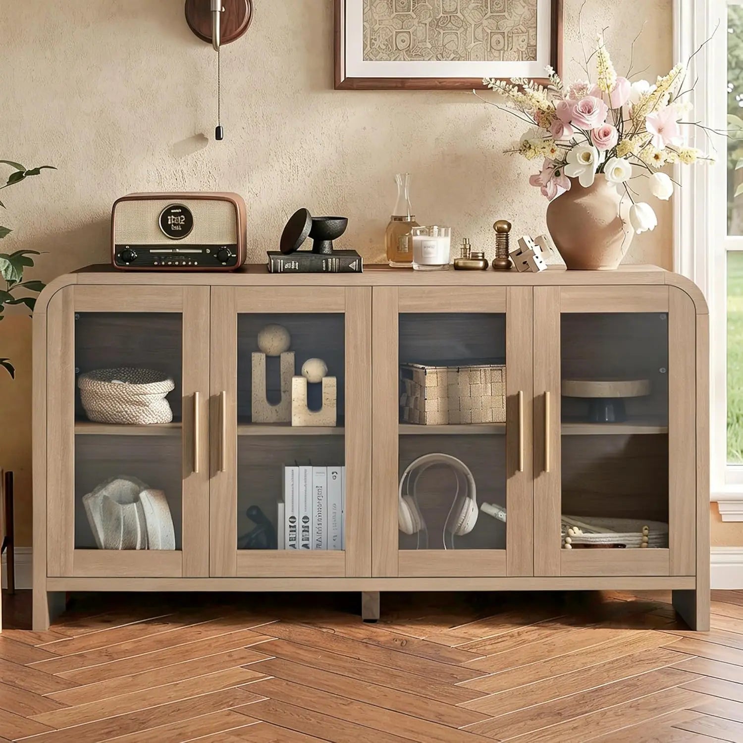 59" Sideboard Buffet Cabinet Storage, Adjustable Shelves 4 Glass Doors