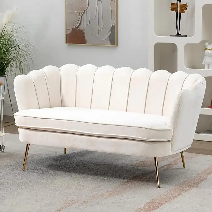 59" Chenille Upholstered Loveseat, Gold Metal Legs, Petal Design