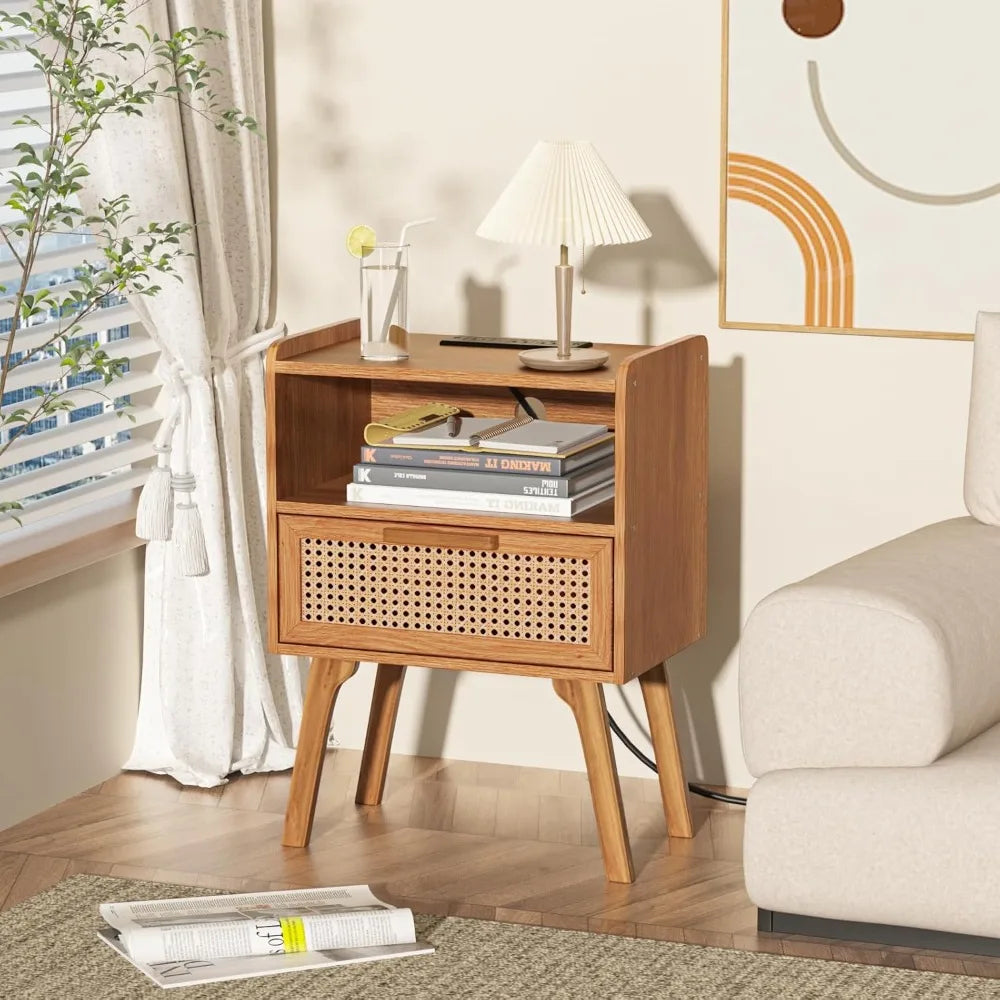 Rattan Nightstands Set of 2, Charging Station, Drawer, Solid Wood Legs
