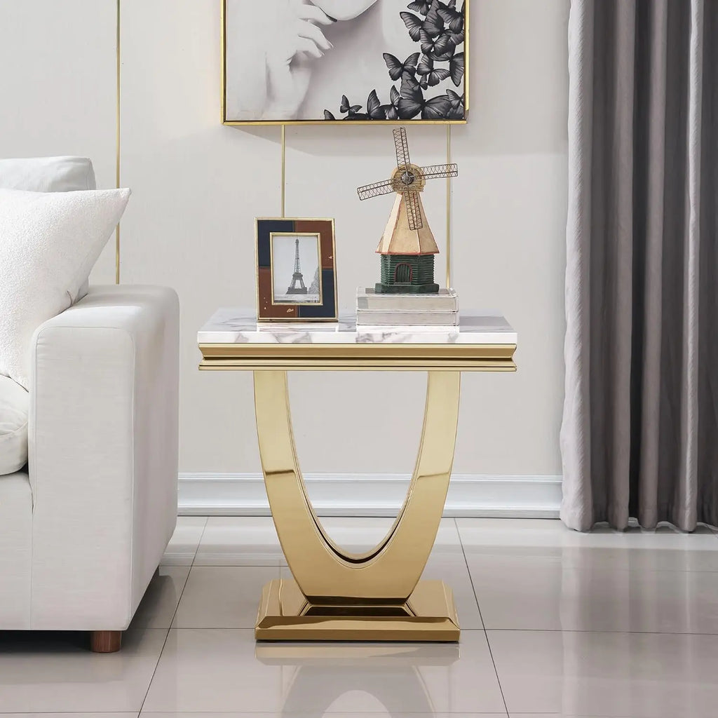 Luxury White Faux Marble End Table, Side Table U-Shape Gold Mirrored