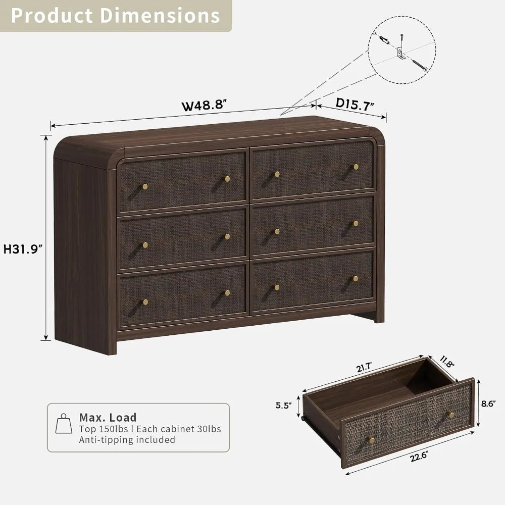 49IN Rattan Dresser, 6-Drawers, Boho Thickened Curved Design, Dark Walnut