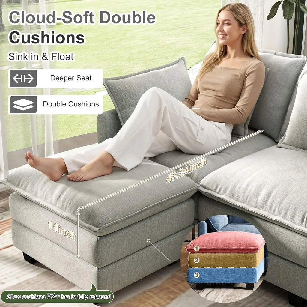 107IN U-Shaped Modular Sectional, Deep 4 Seater, 6 Washable Pillows, 2 Ottoman
