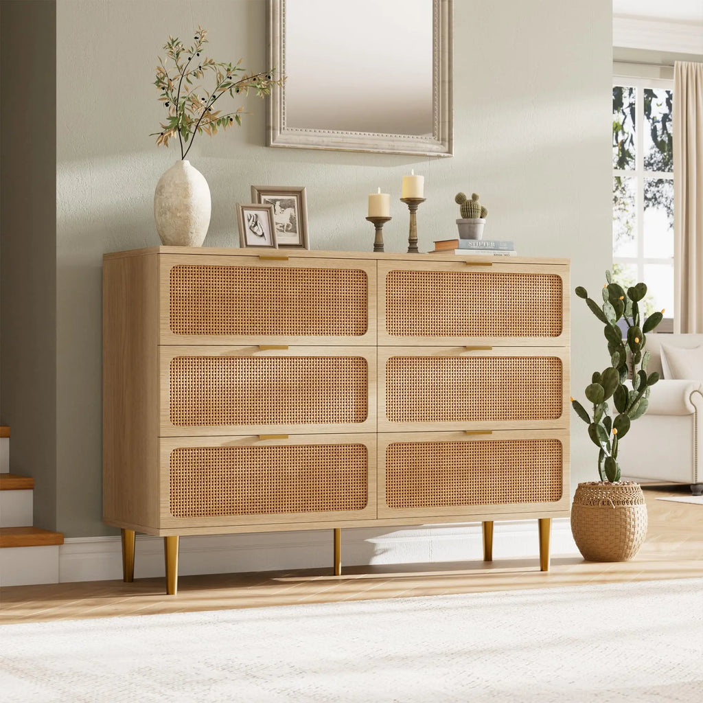 6-Drawer Hand Woven Rattan/Wood Dresser, Natural Deep Drawers