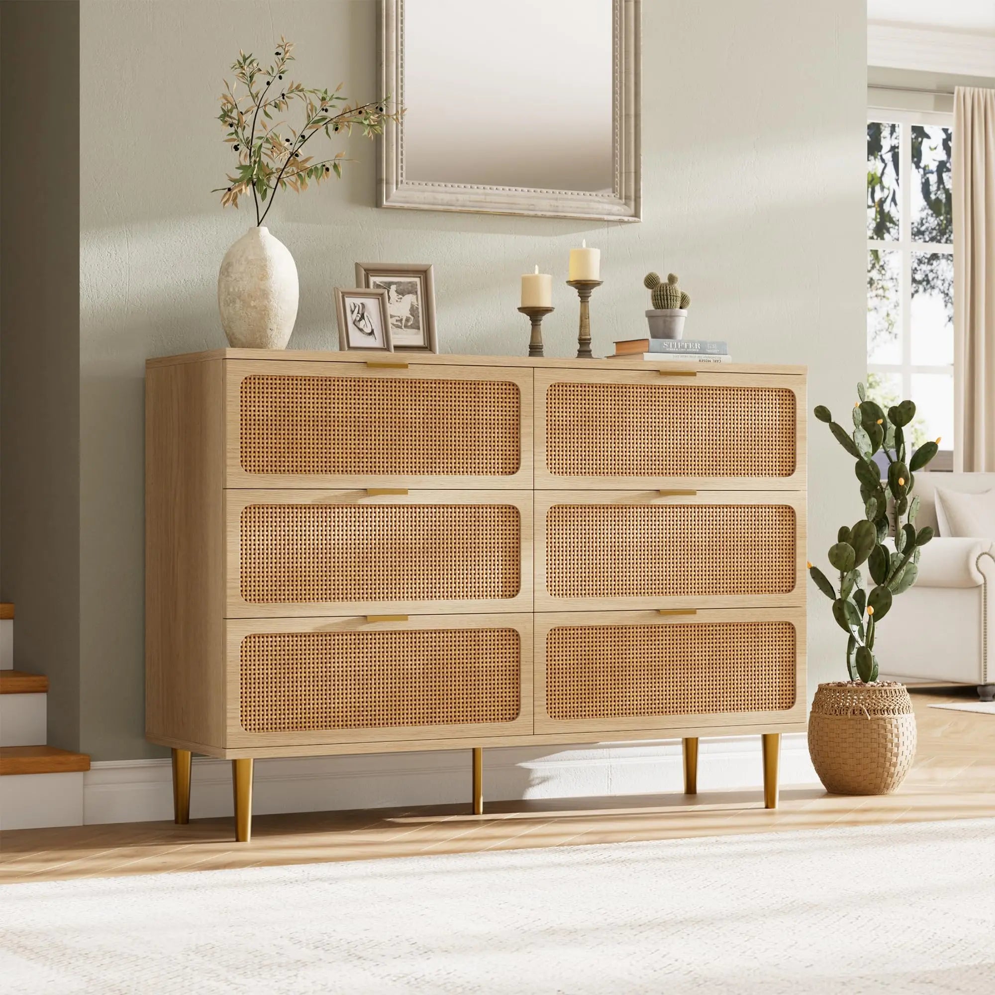 6-Drawer Hand Woven Rattan/Wood Dresser, Natural Deep Drawers