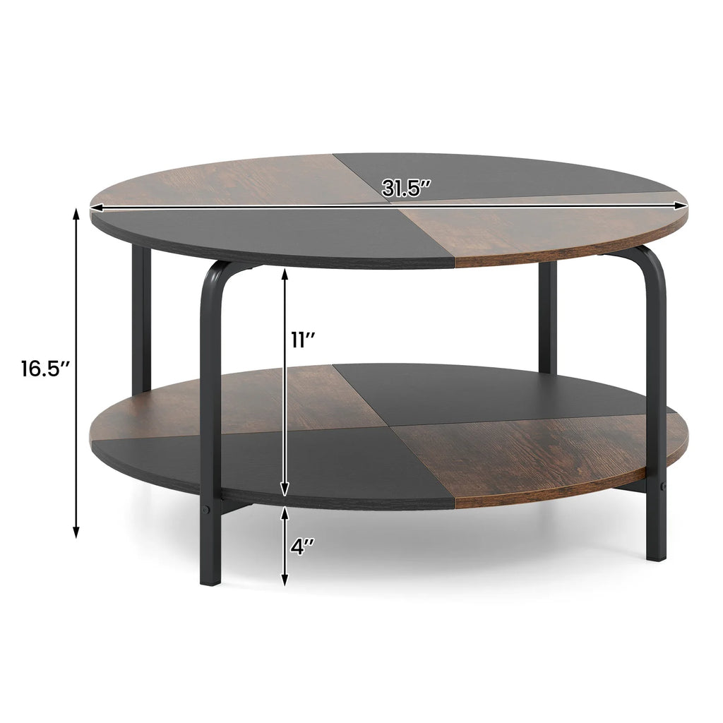 2-Tier Round Coffee Table w/ Storage Shelf, Metal Frame