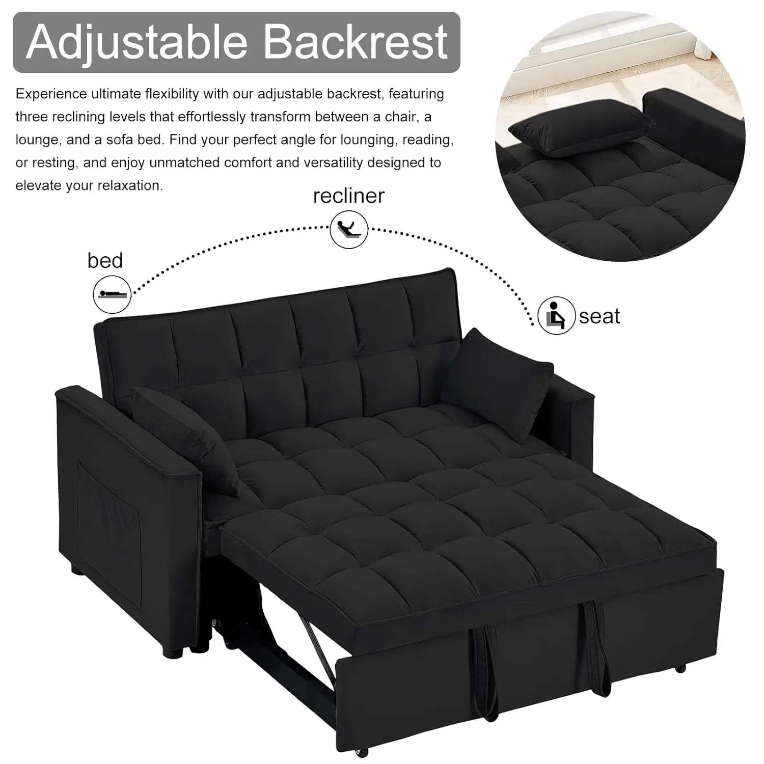 55" 3-in-1 Loveseat Sleeper Sofa Adjustable Reclining Pull Out