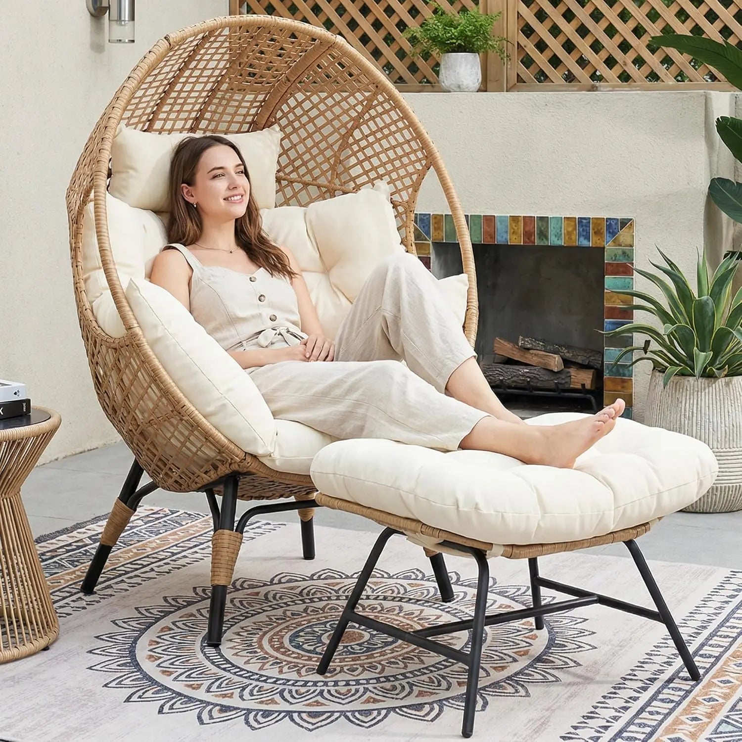 Indoor Outdoor Egg Chair Ottoman Thick Cushioned Lounge 440lbs