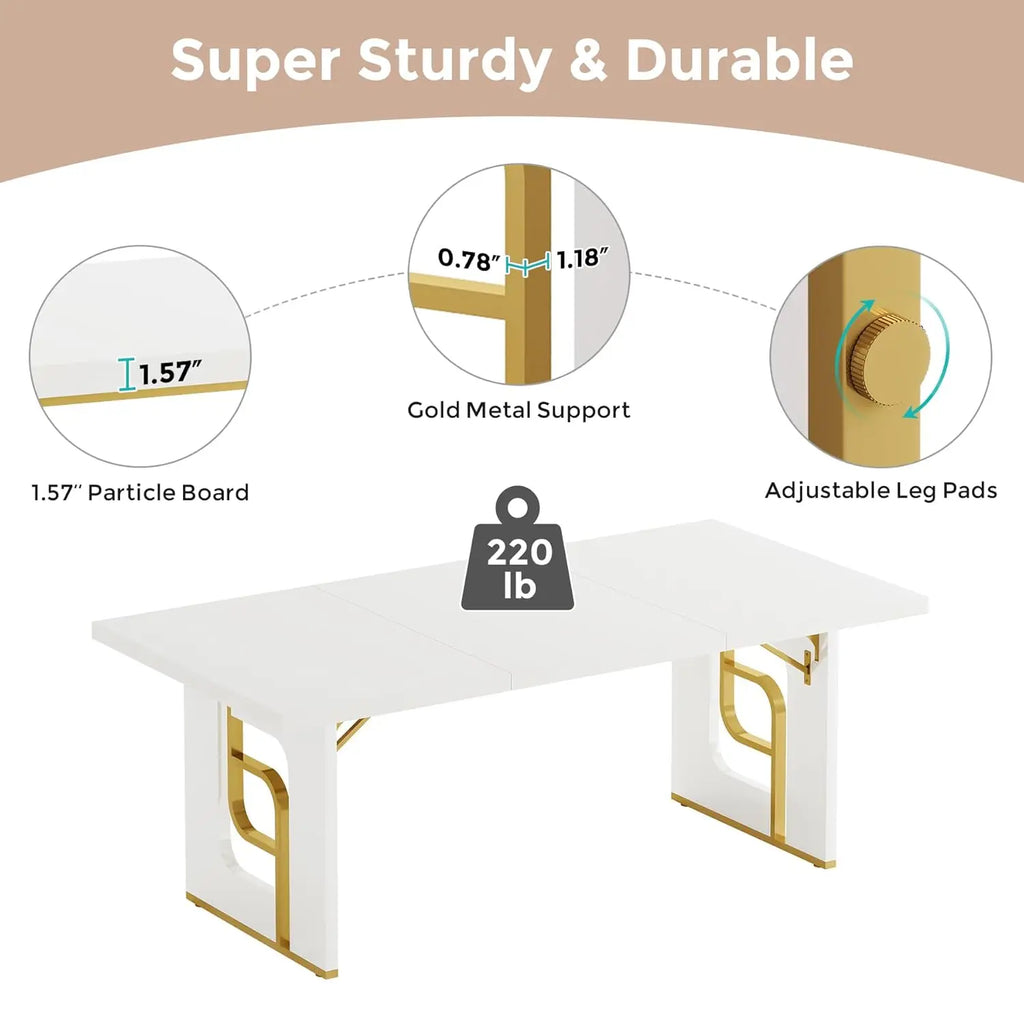 71'' Dining Table Seats 6-8, Metal Legs, Beige Gold, Black
