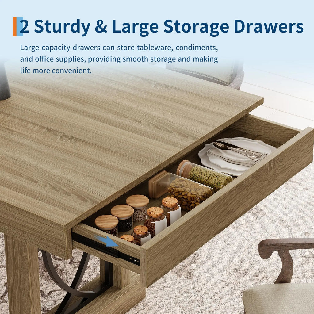 71" Dining Table Seats 6-8 People With 2 Drawers, Double Pedestal