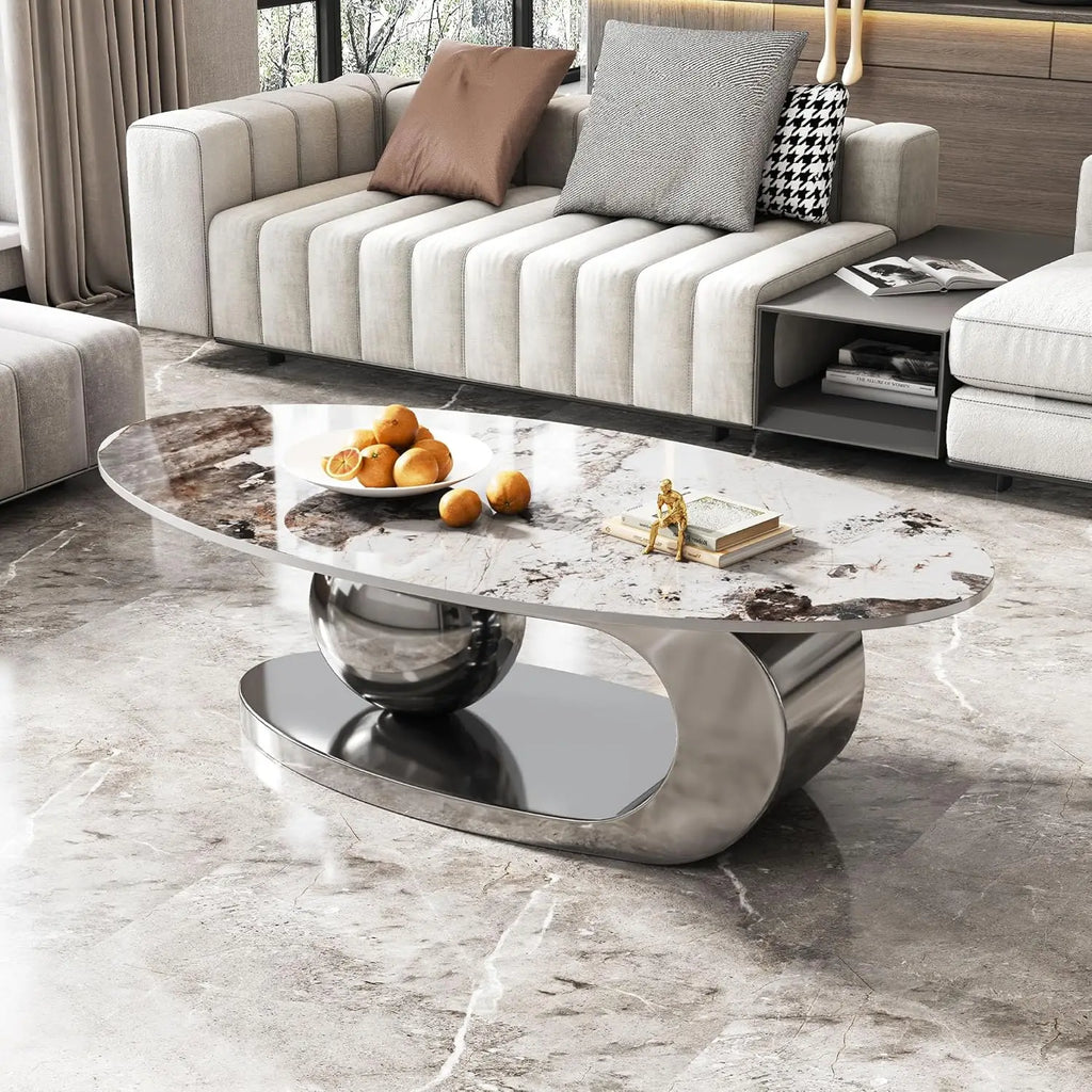 Coffee Table, Silver Stainless Steel Pedestal Oval Faux Marble Top.