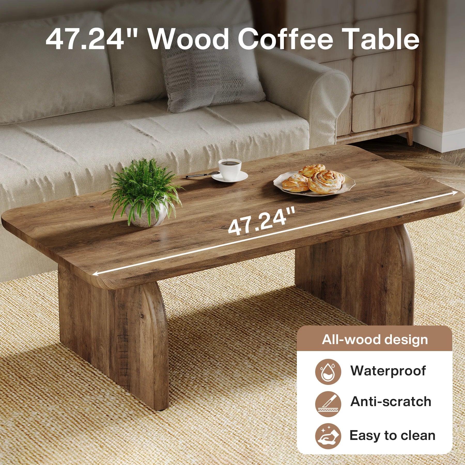 Farmhouse 47.24IN Coffee Table  Engineered Wood Center Sturdy Base