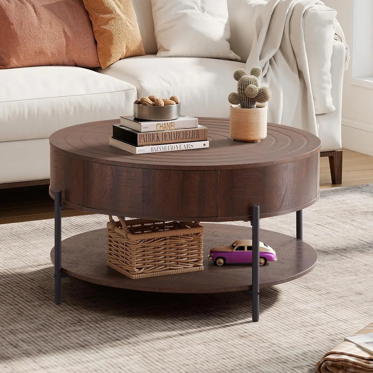 Round Coffee Table, 2-Drawer 2-Tier Rustic Wood Desktop Shelf