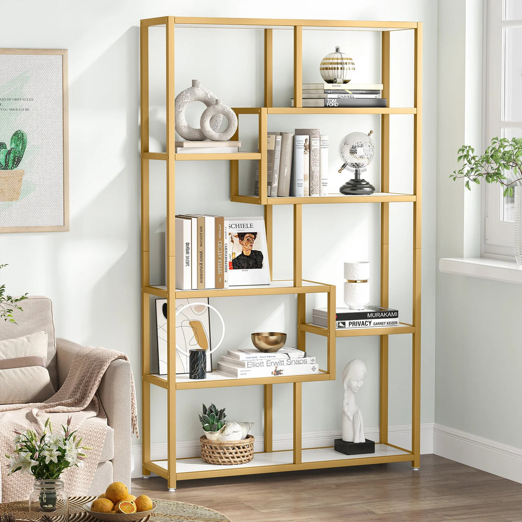 8-Open Gold Shelf Etagere Bookcase with Faux Marble
