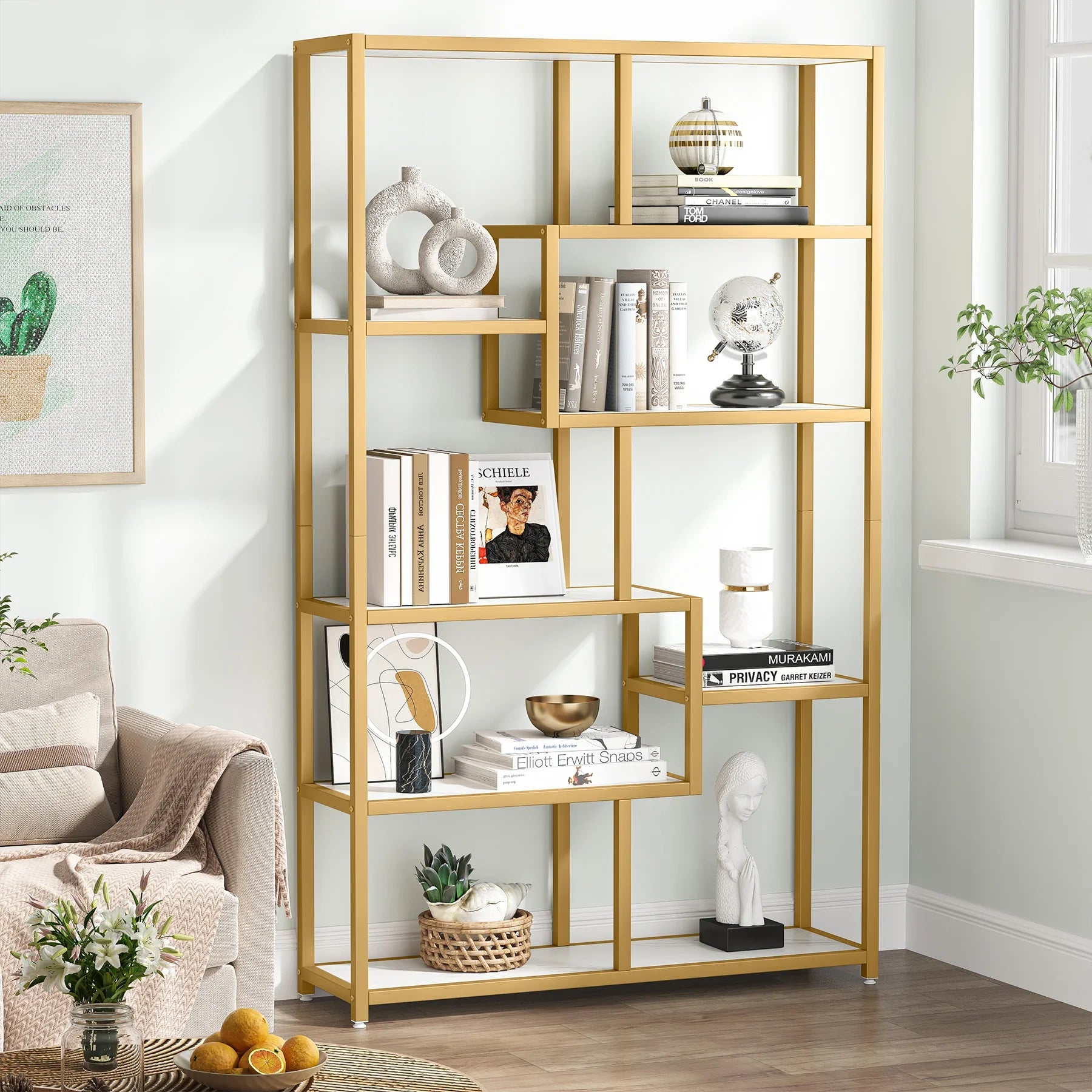 8-Open Gold Shelf Etagere Bookcase with Faux Marble