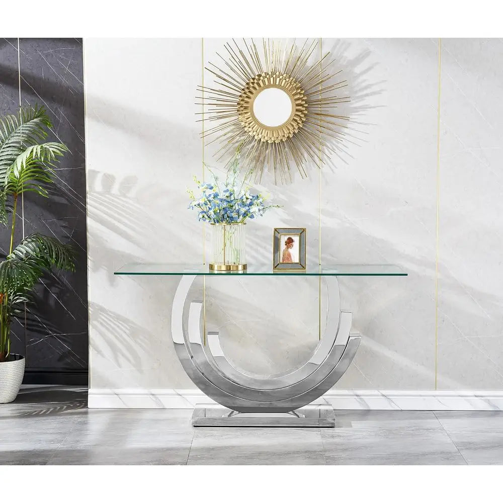 47IN Silver, Clear Glass Console Ring Mirrored Stainless Steel Base