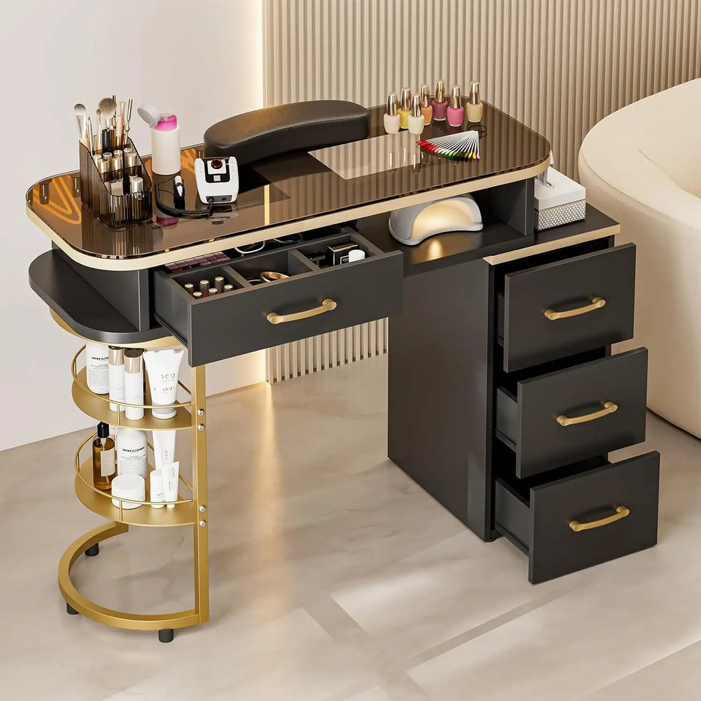 Table Glass Top 4 Drawers 2-Tier Storage Shelves