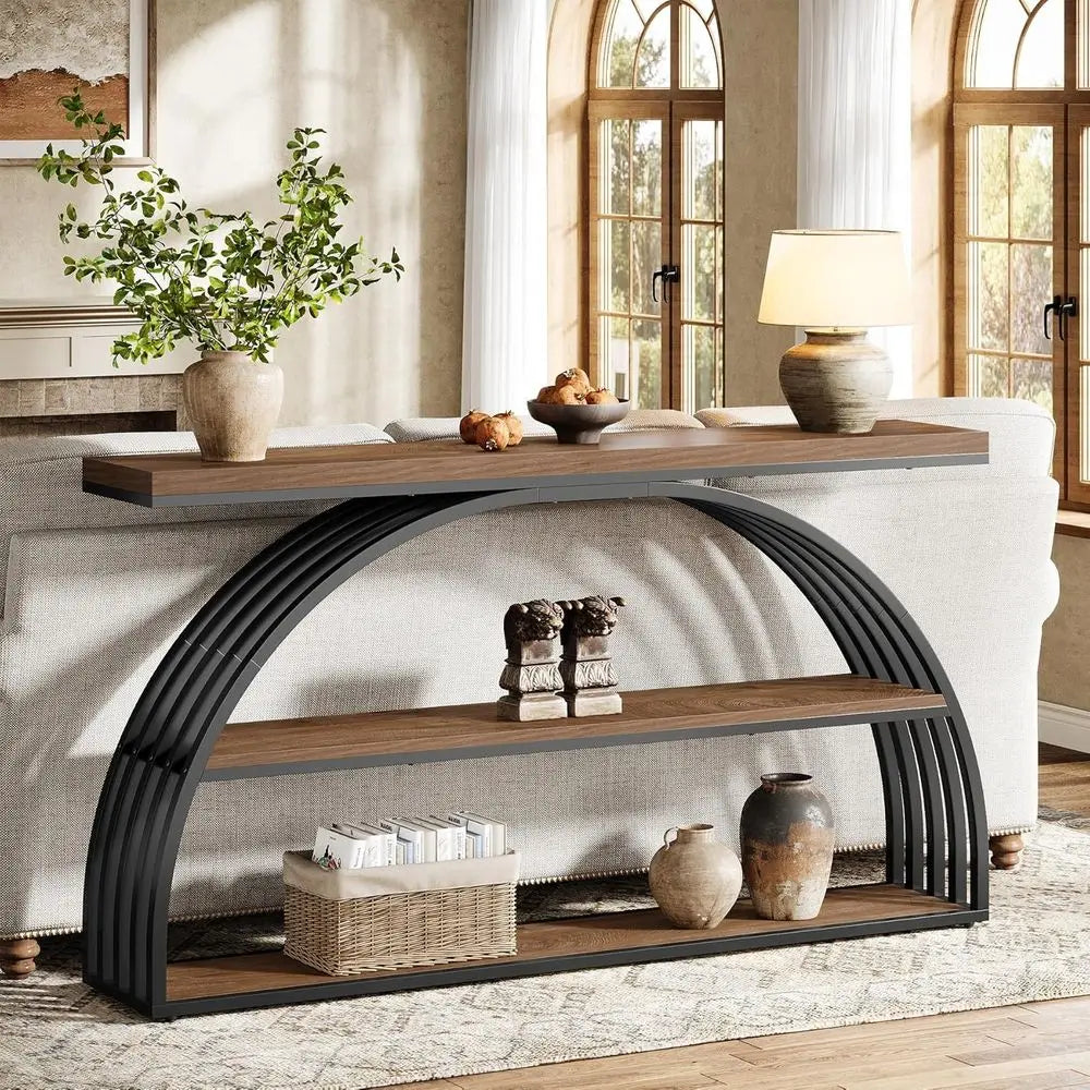 63-Inch Arched Table 3-Tier Shelf  Rustic Brown & Black