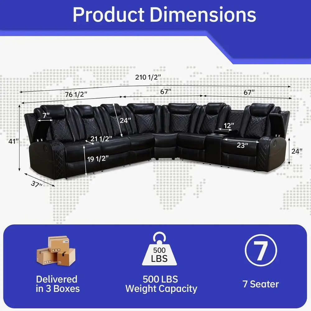 Leather Reclining Sectional Sofa LED Lights, Cup Holders, Storage