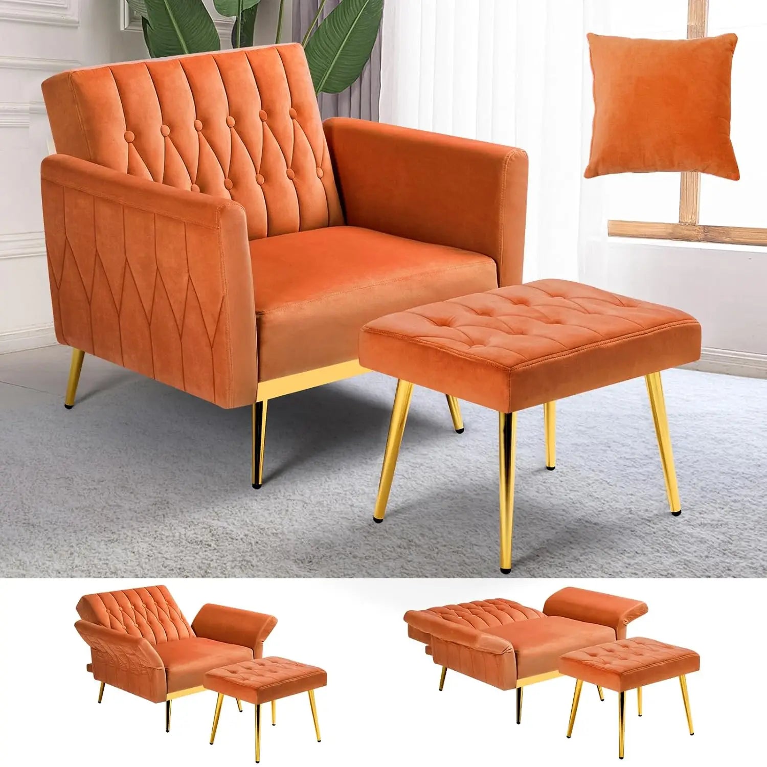 Velvet Recliner Chair Adjustable Armrests and Backrest, Button Tufted Chair