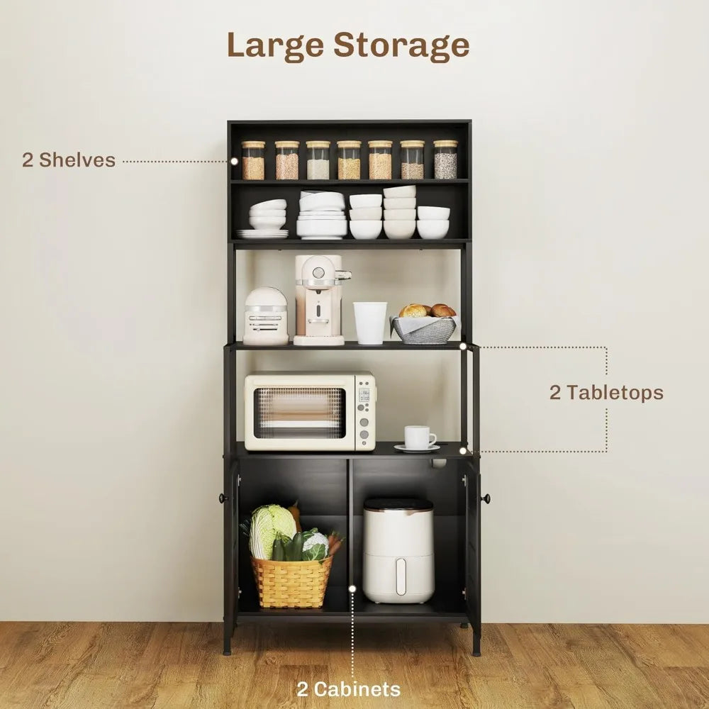 Baker's Rack w/Power Outlet, Cabinet with Storage Shelves, Louvred Door