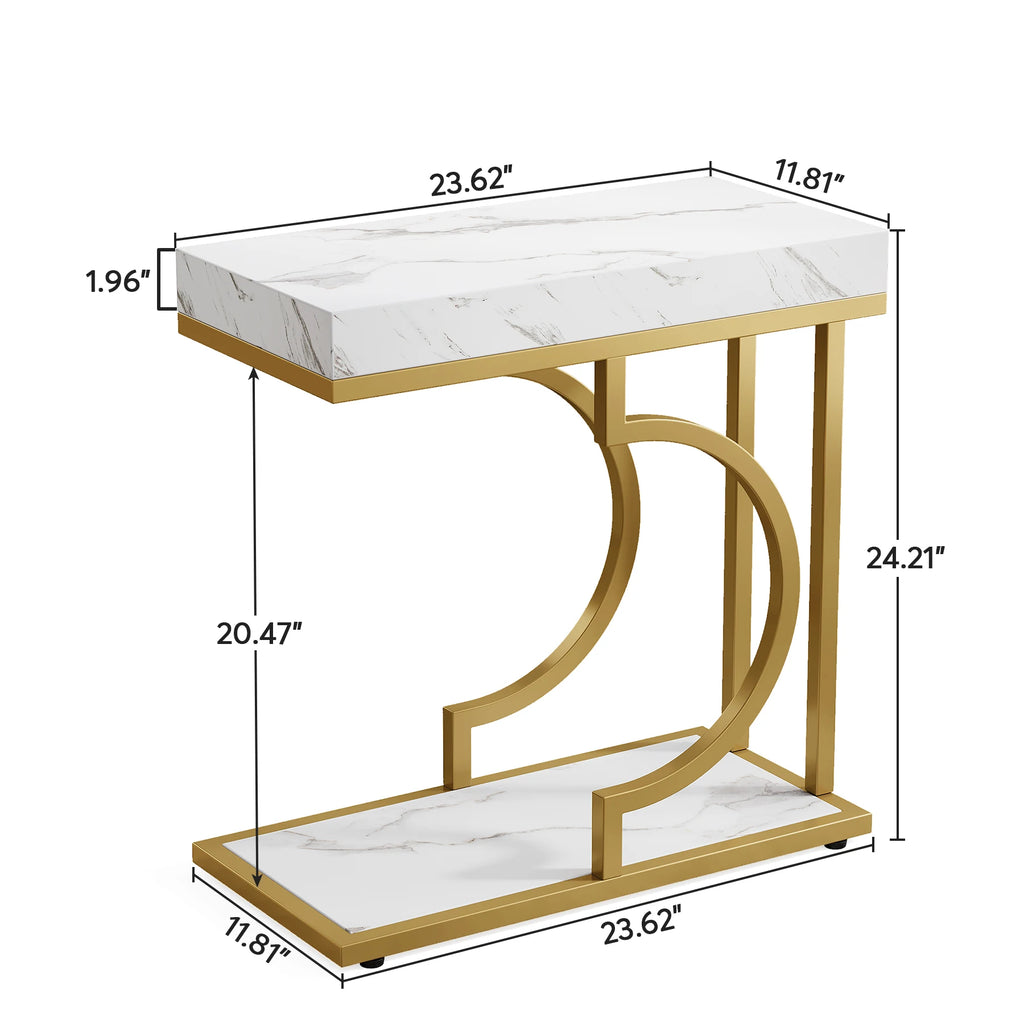 Narrow Side Table White Gold C Shaped End Table
