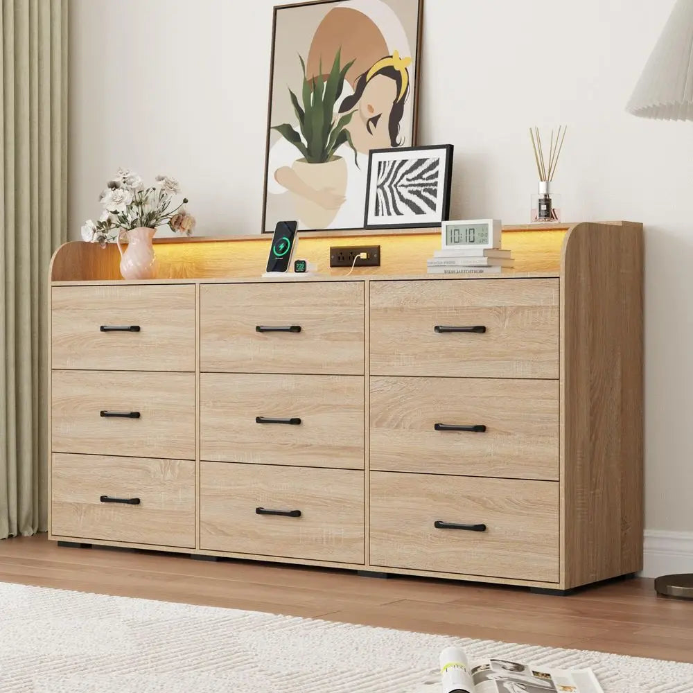 63IN Wood 9-Drawers Dresser, Power Outlet, LED Lights, Deep Drawers