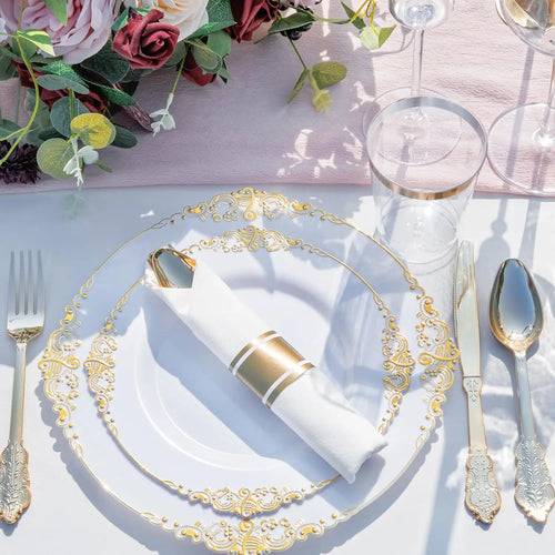350PCS Plastic Gold Dinnerware for 50, Disposable Plates, Silverware, Cups, Napkins
