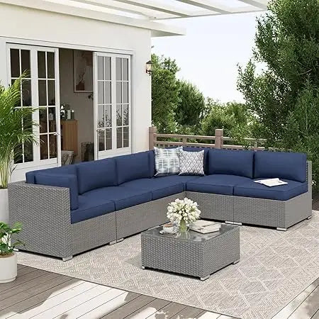 7-Piece Patio Sofa Black Rattan Wicker, Glass Top Table, Cushions