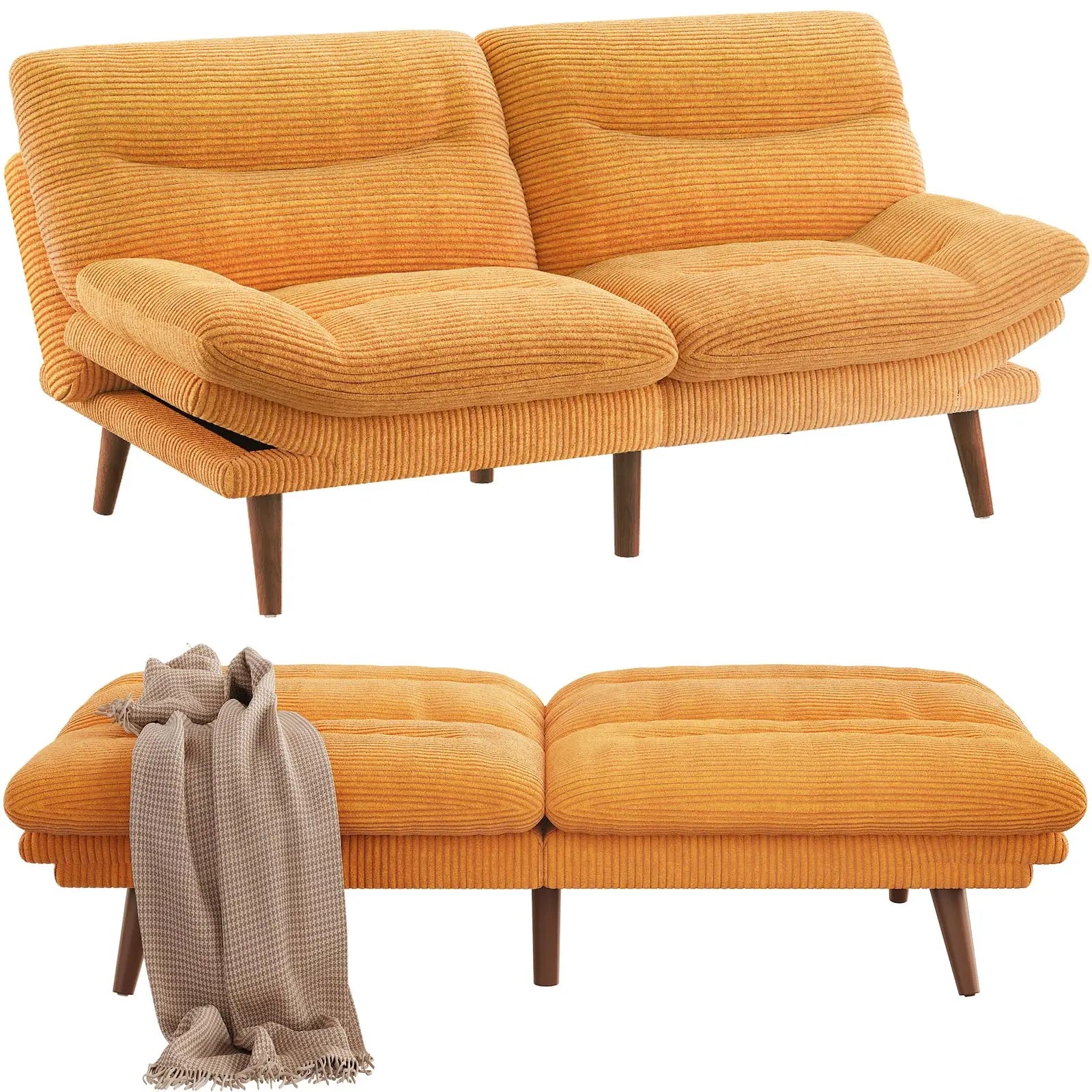 Futon Sofa Bed, 66IN Corduroy Recliner Sleeper, Adjustable Backrest, Armrests