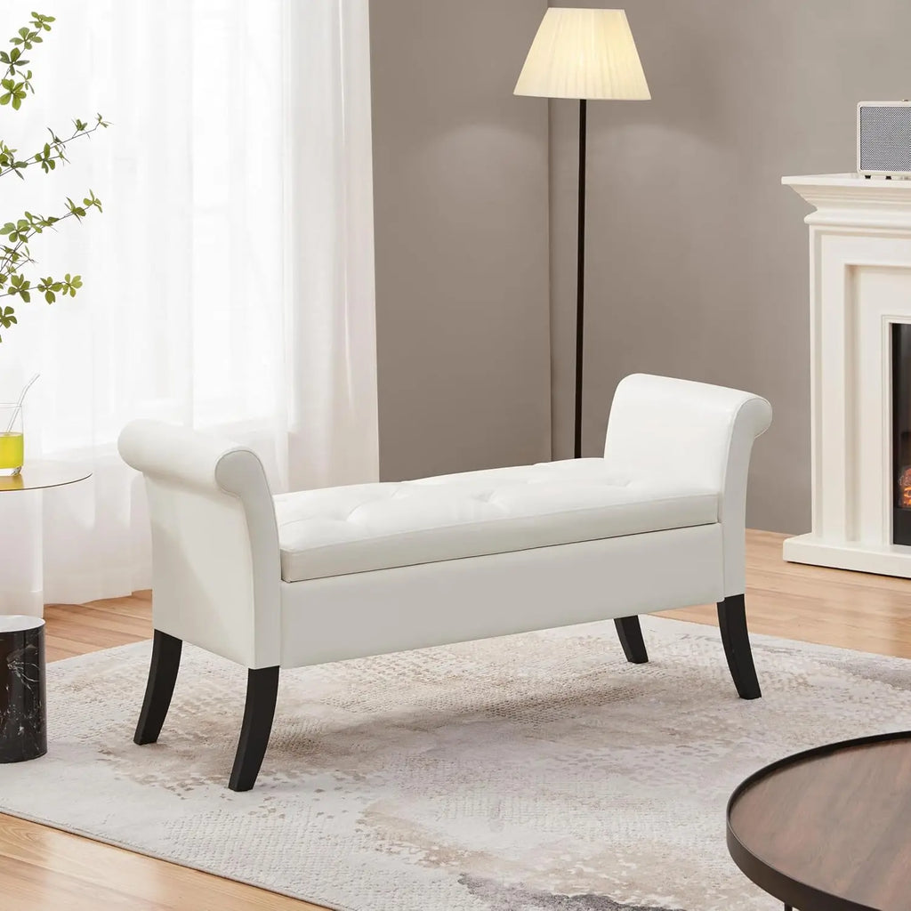 Storage Bench Leather Rolled Arms White