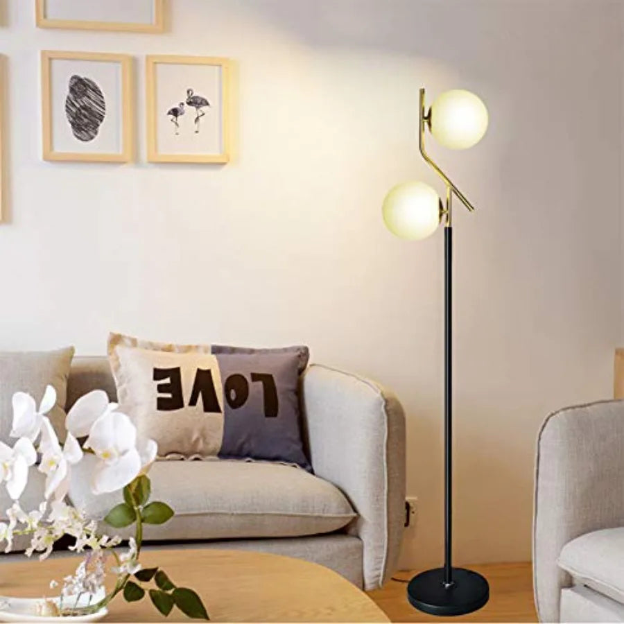 Two Milky White Glass Orbs Brass Finish Floor Lamp