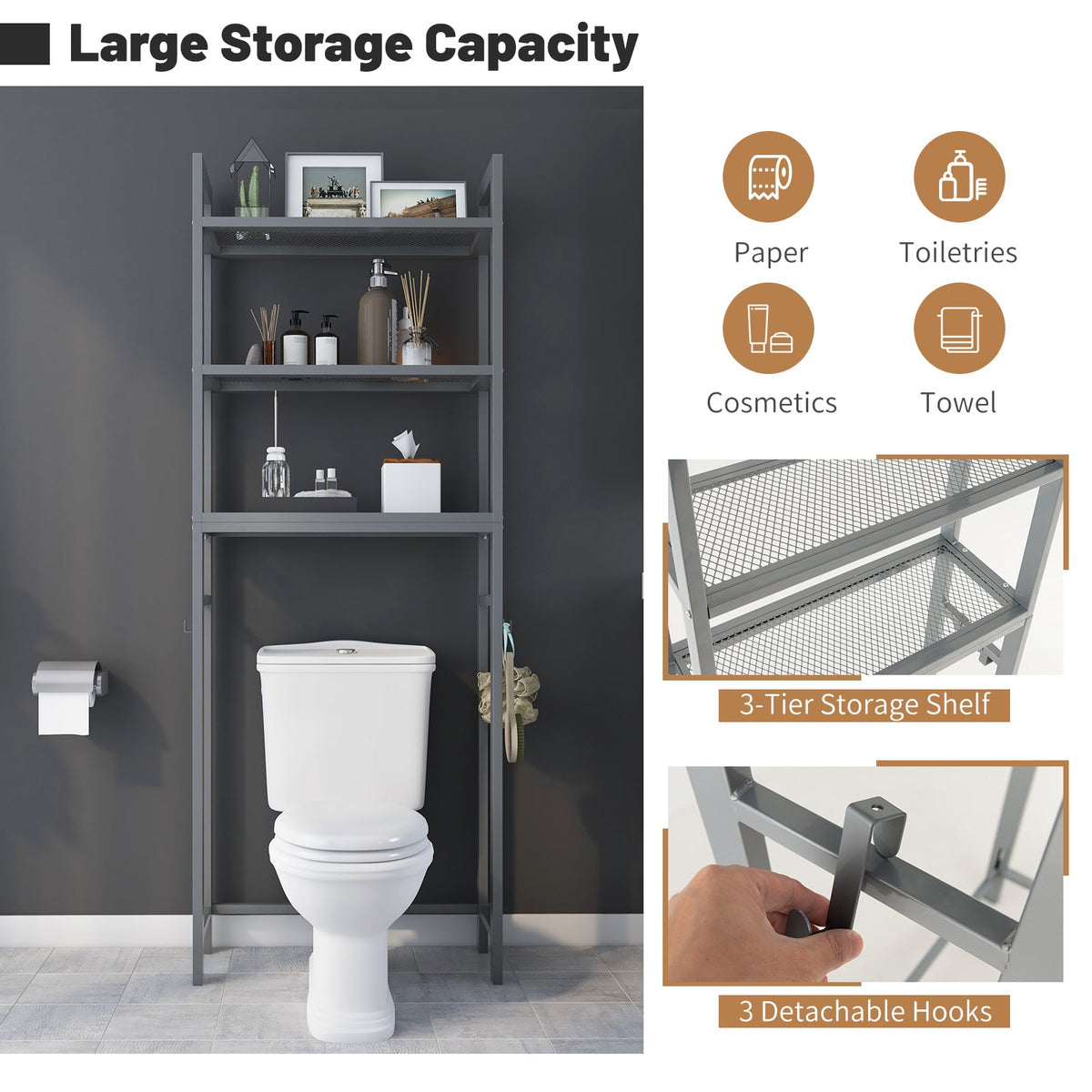 Over-The-Toilet Storage Shelf Metal Organizer Hooks